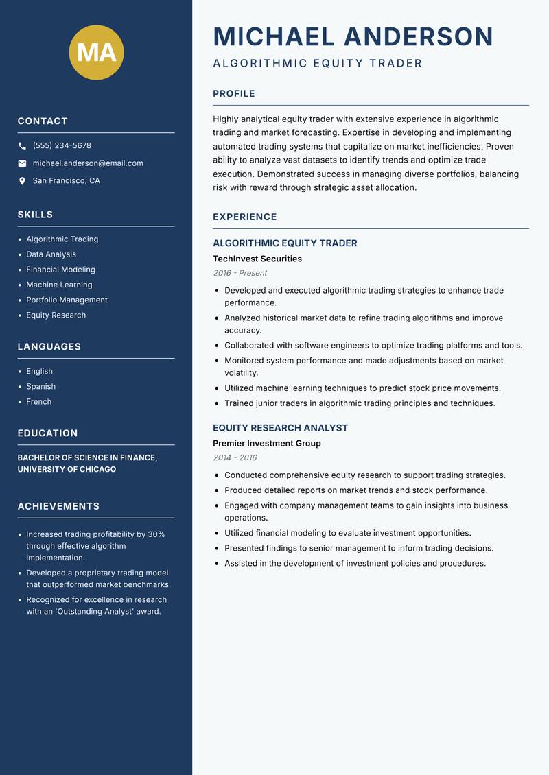 Equity Trader resume template — Classic Clean