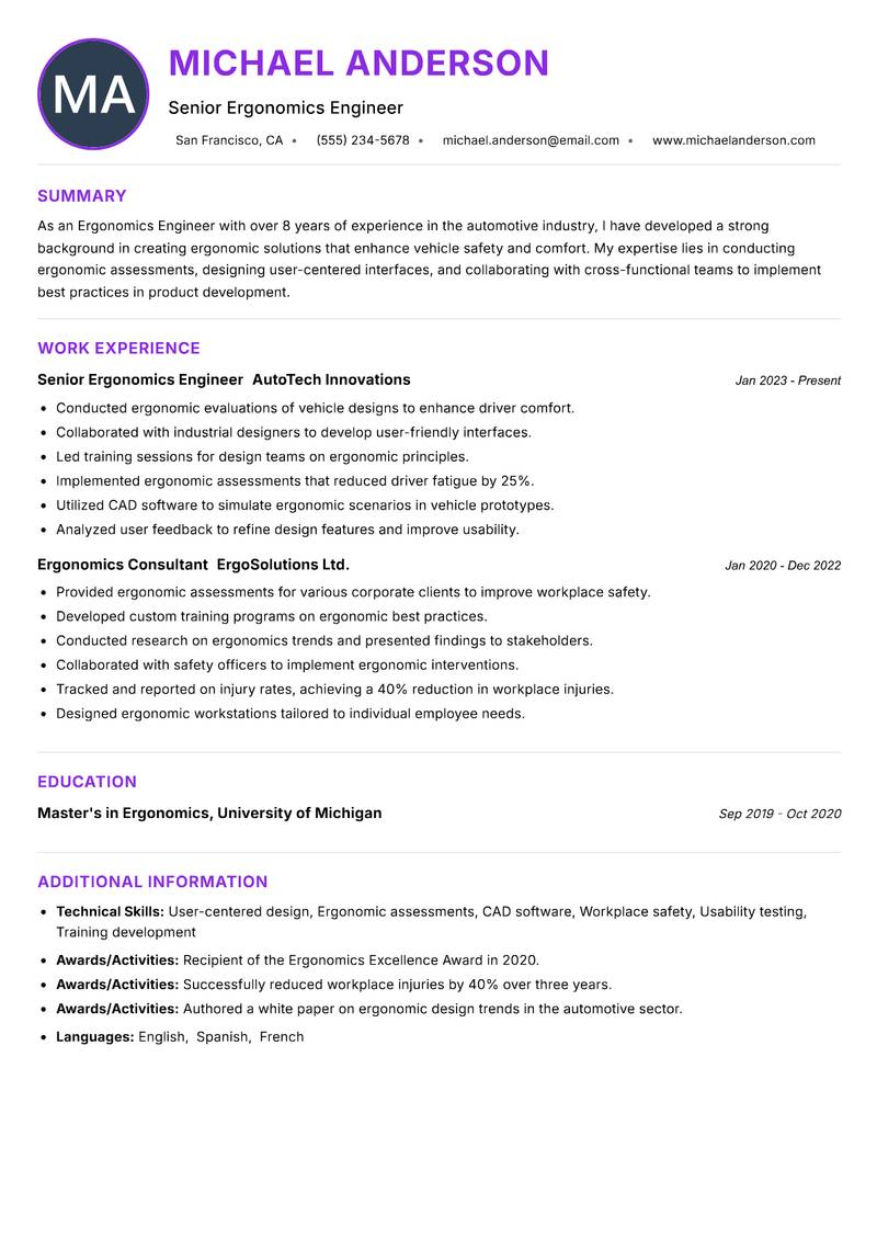Ergonomics Engineer resume example — ATS-friendly template