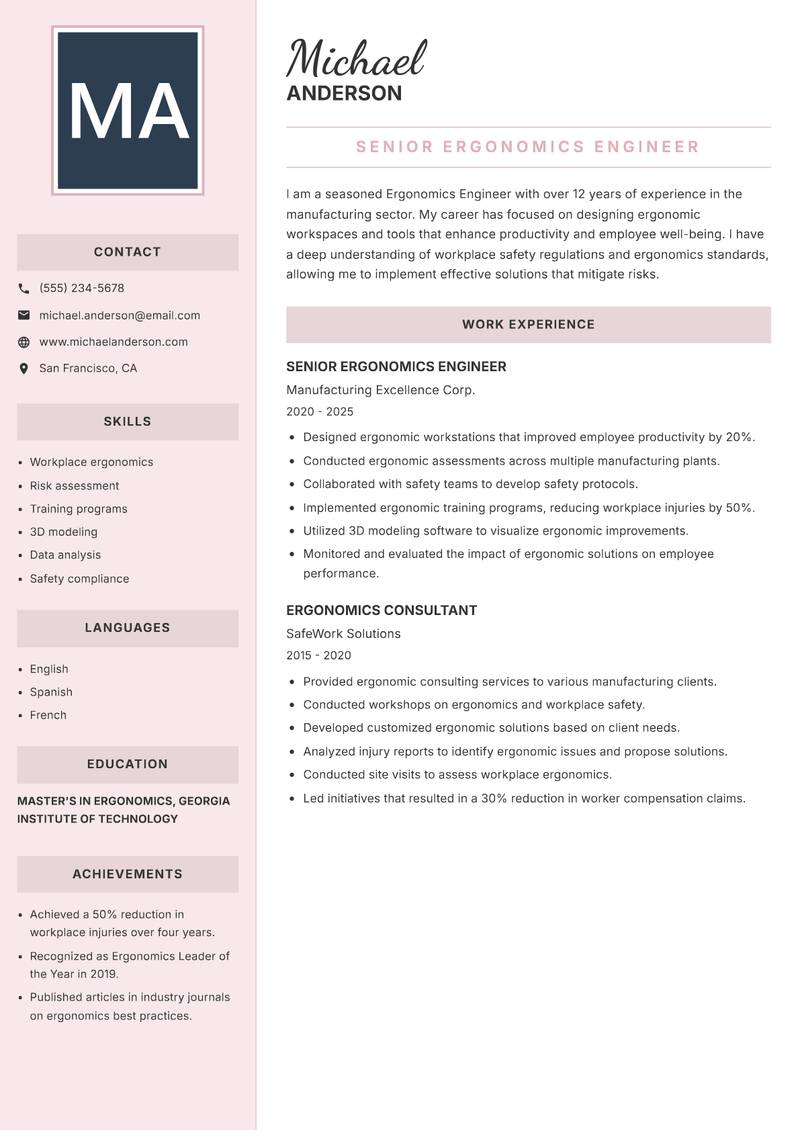Ergonomics Engineer resume template — Executive