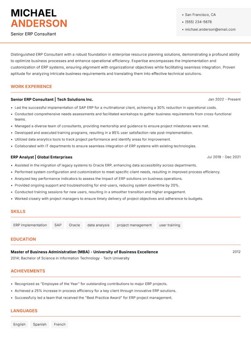 ERP Consultant resume template — Modern Professional