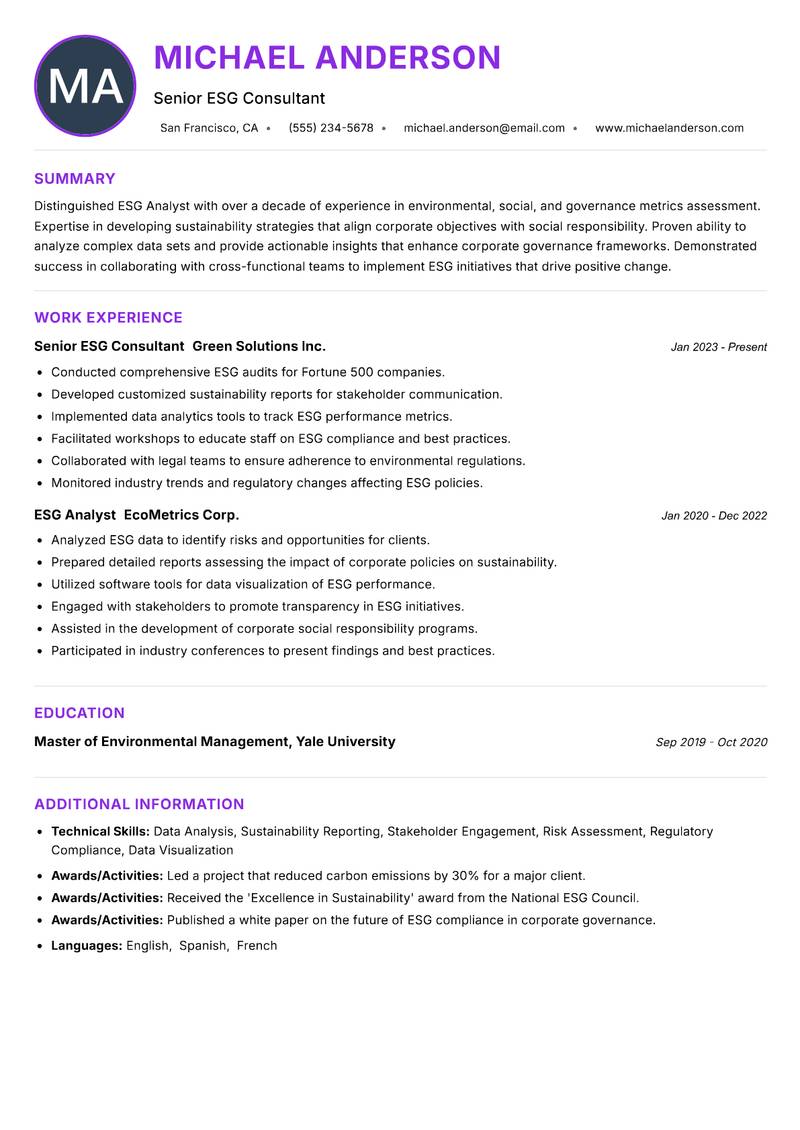 ESG Analyst resume example — ATS-friendly template