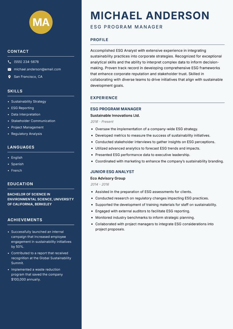 ESG Analyst resume template — Classic Clean