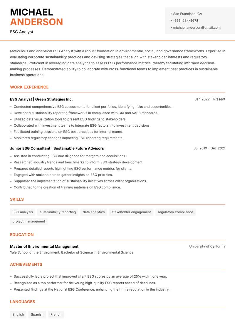 ESG Analyst resume template — Modern Professional