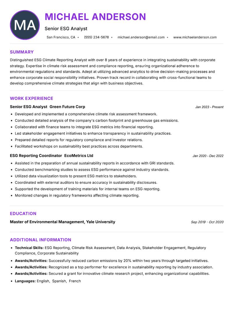 ESG Climate Reporting Analyst resume example — ATS-friendly template