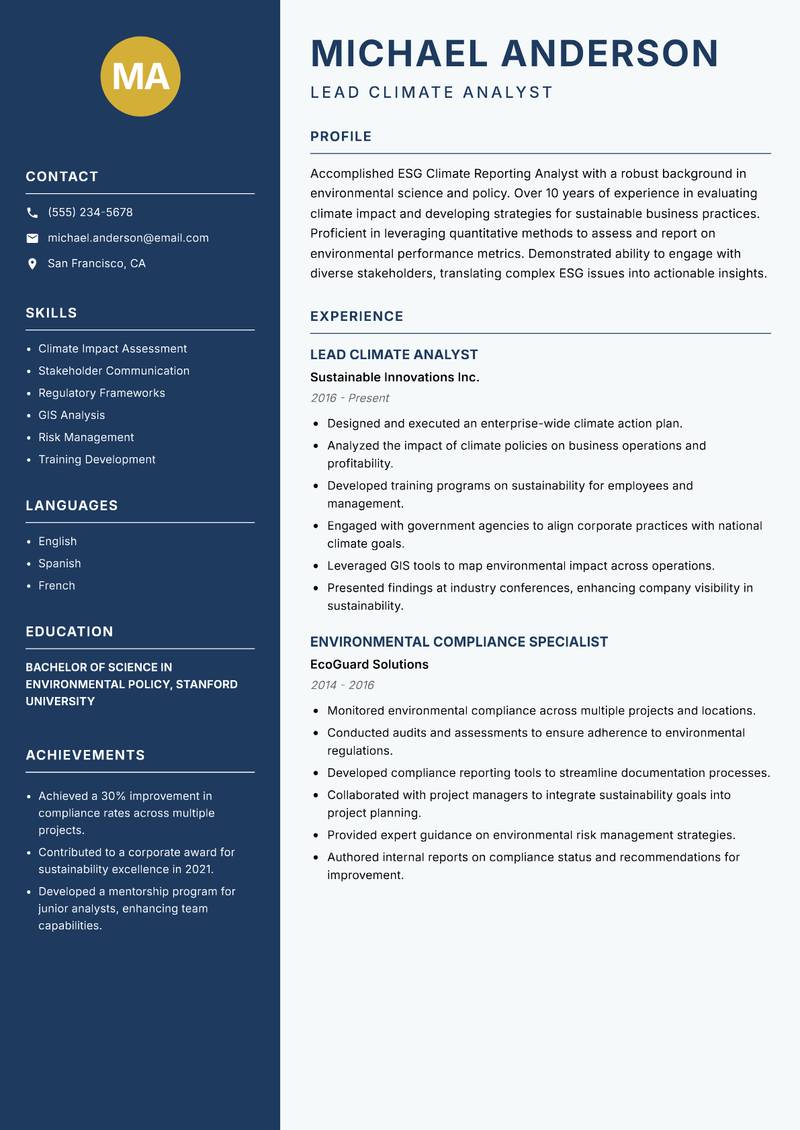 ESG Climate Reporting Analyst resume template — Classic Clean