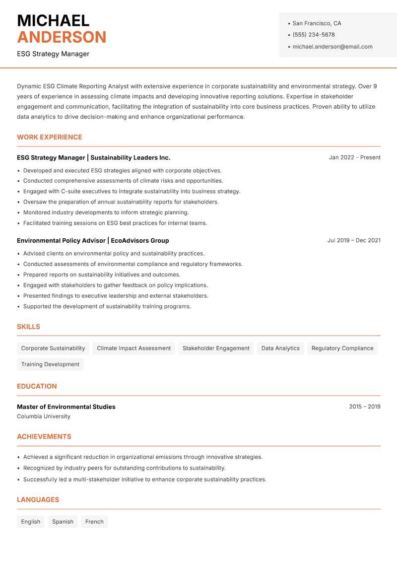 ESG Climate Reporting Analyst resume template — Modern Professional