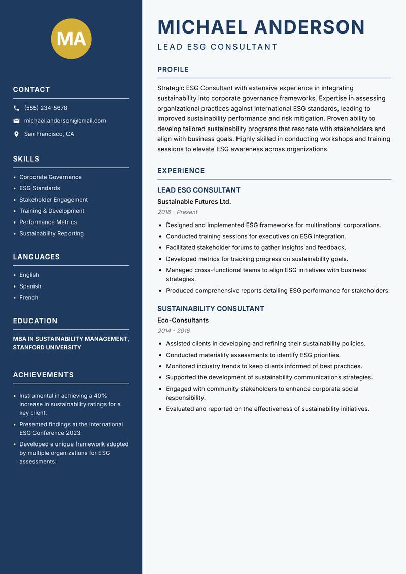 ESG Consultant resume template — Classic Clean