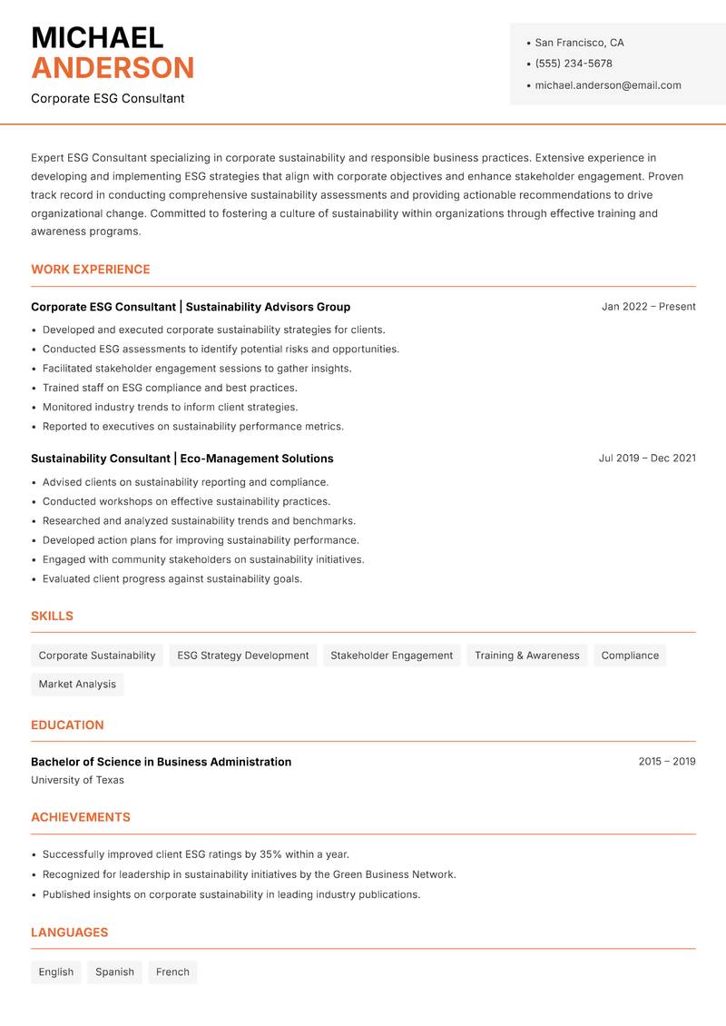 ESG Consultant resume template — Modern Professional