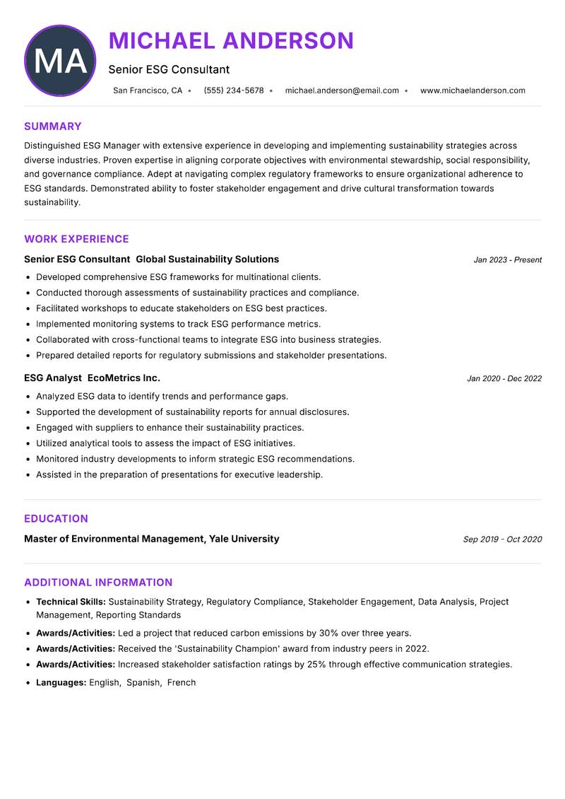 ESG Manager resume example — ATS-friendly template