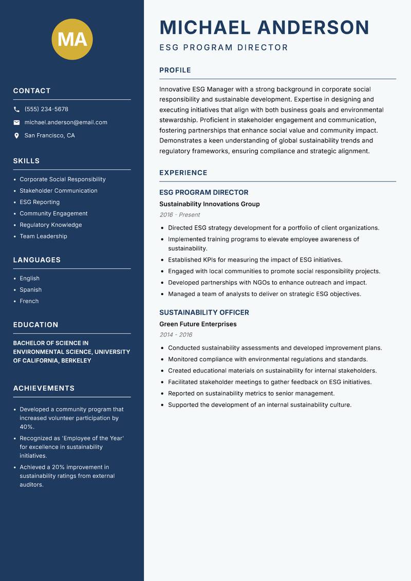 ESG Manager resume template — Classic Clean