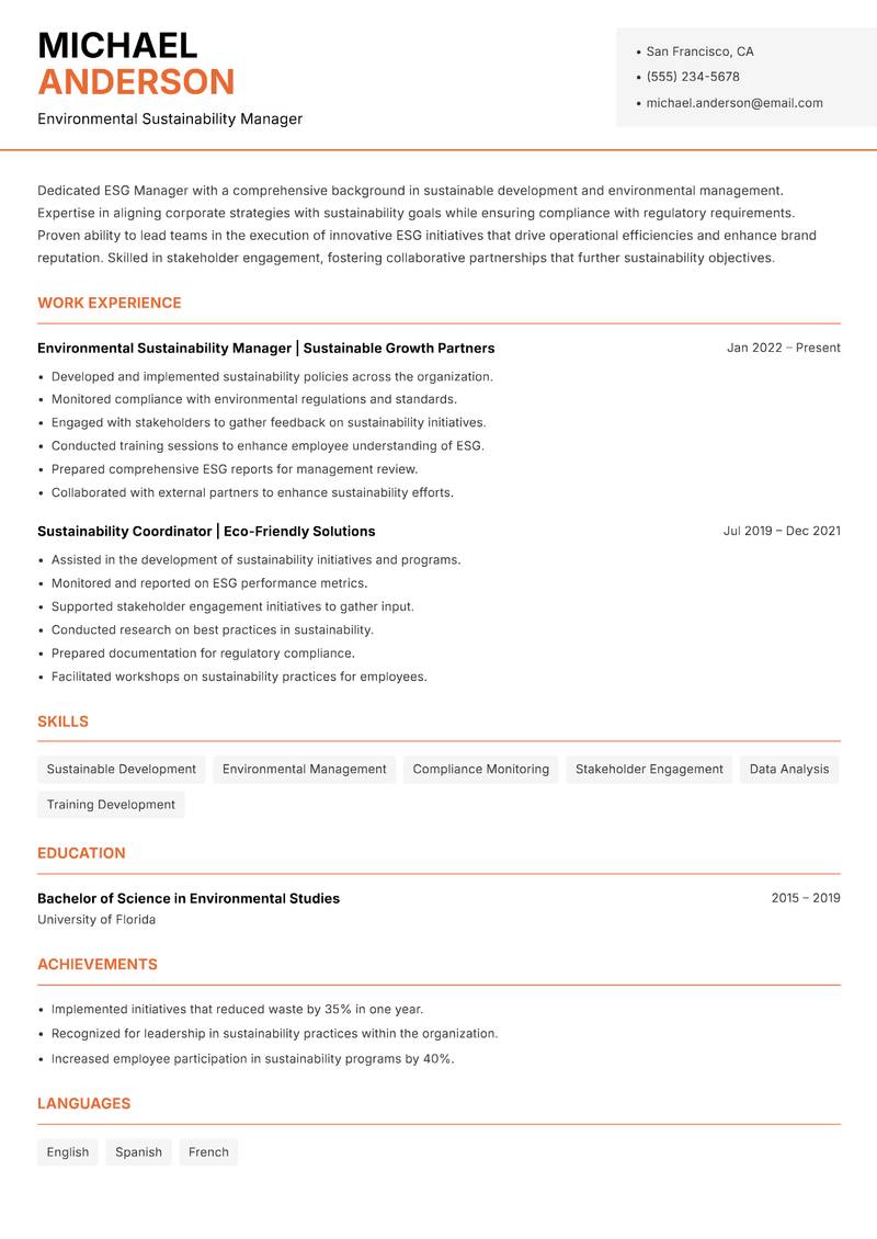 ESG Manager resume template — Modern Professional