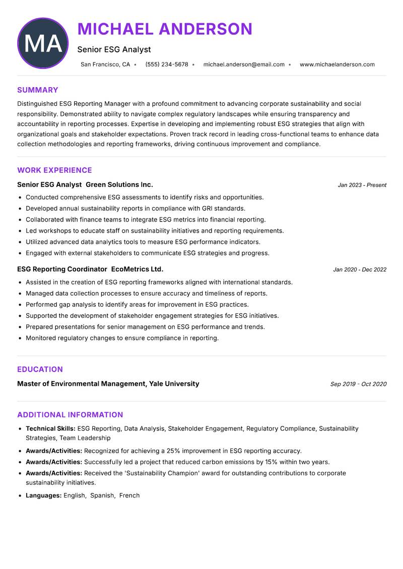 ESG Reporting Manager resume example — ATS-friendly template