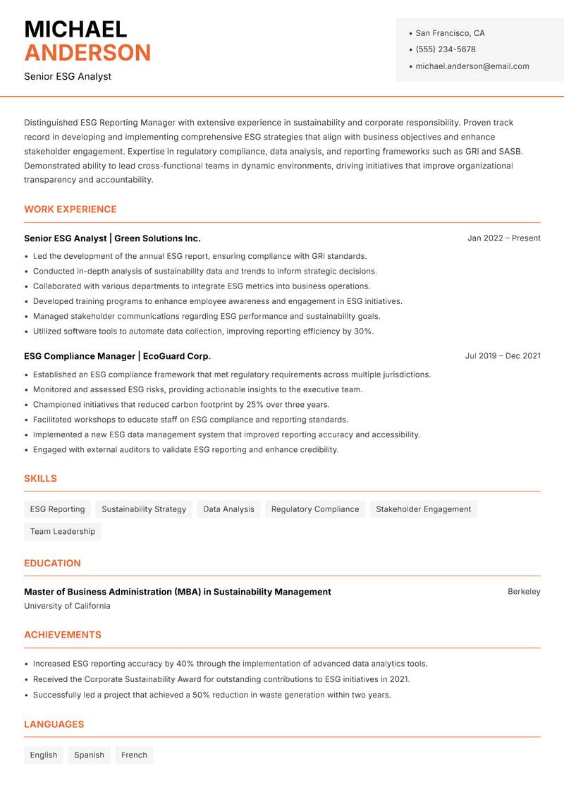ESG Reporting Manager resume template — Modern Professional