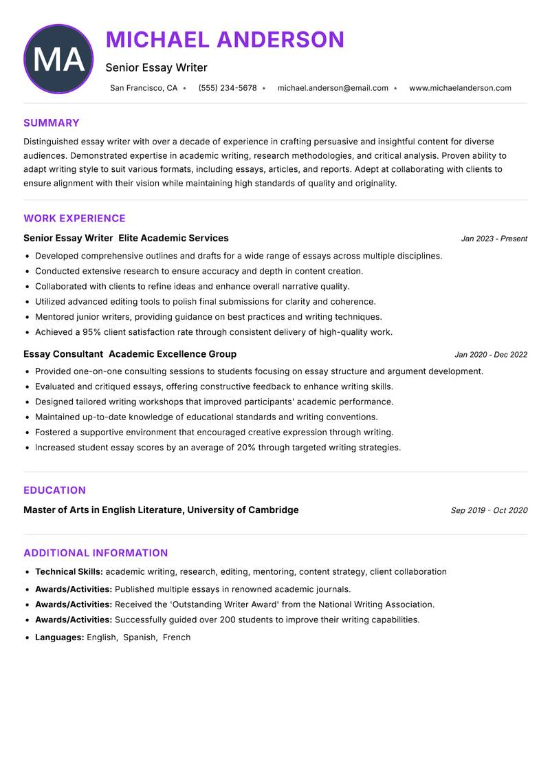 Essay Writer resume example — ATS-friendly template