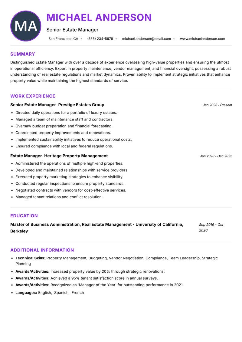 Estate Manager resume example — ATS-friendly template