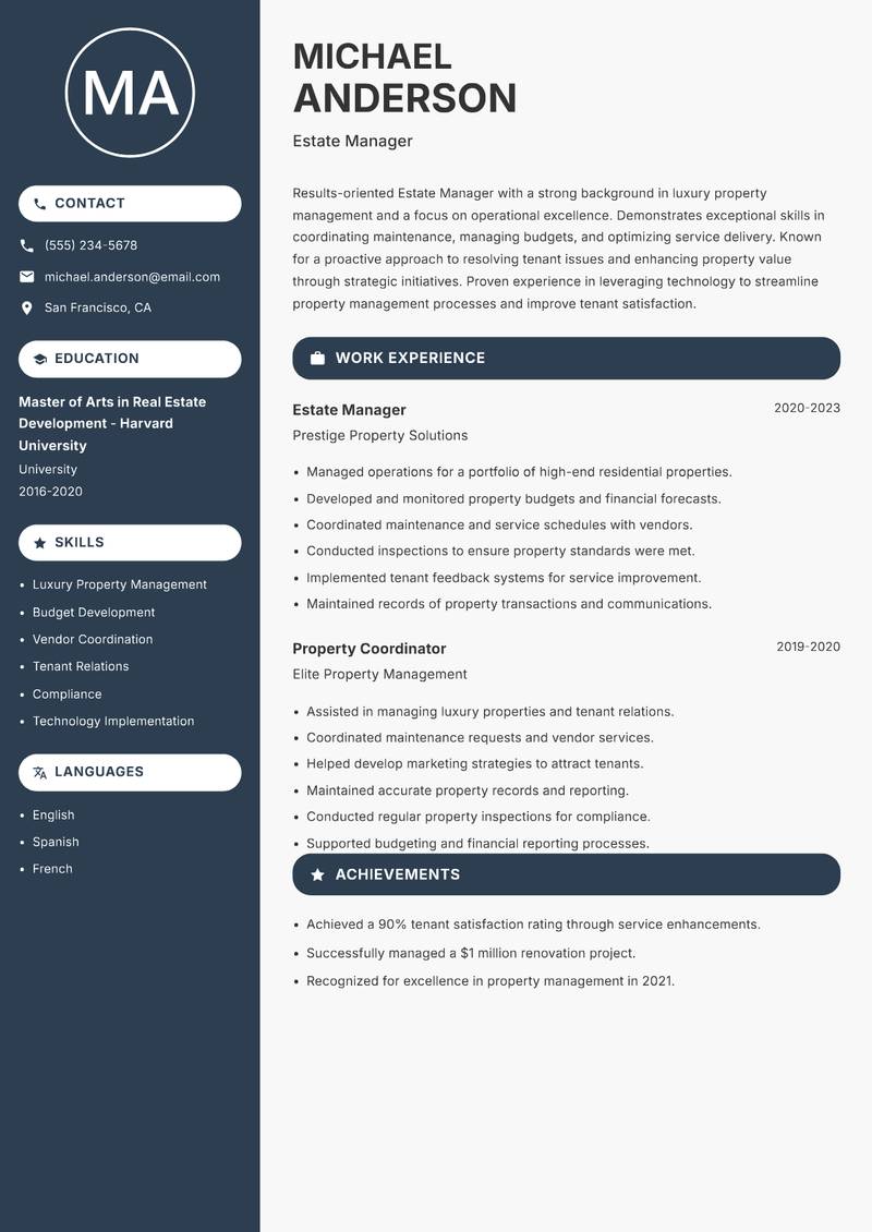 Estate Manager resume template — Compact