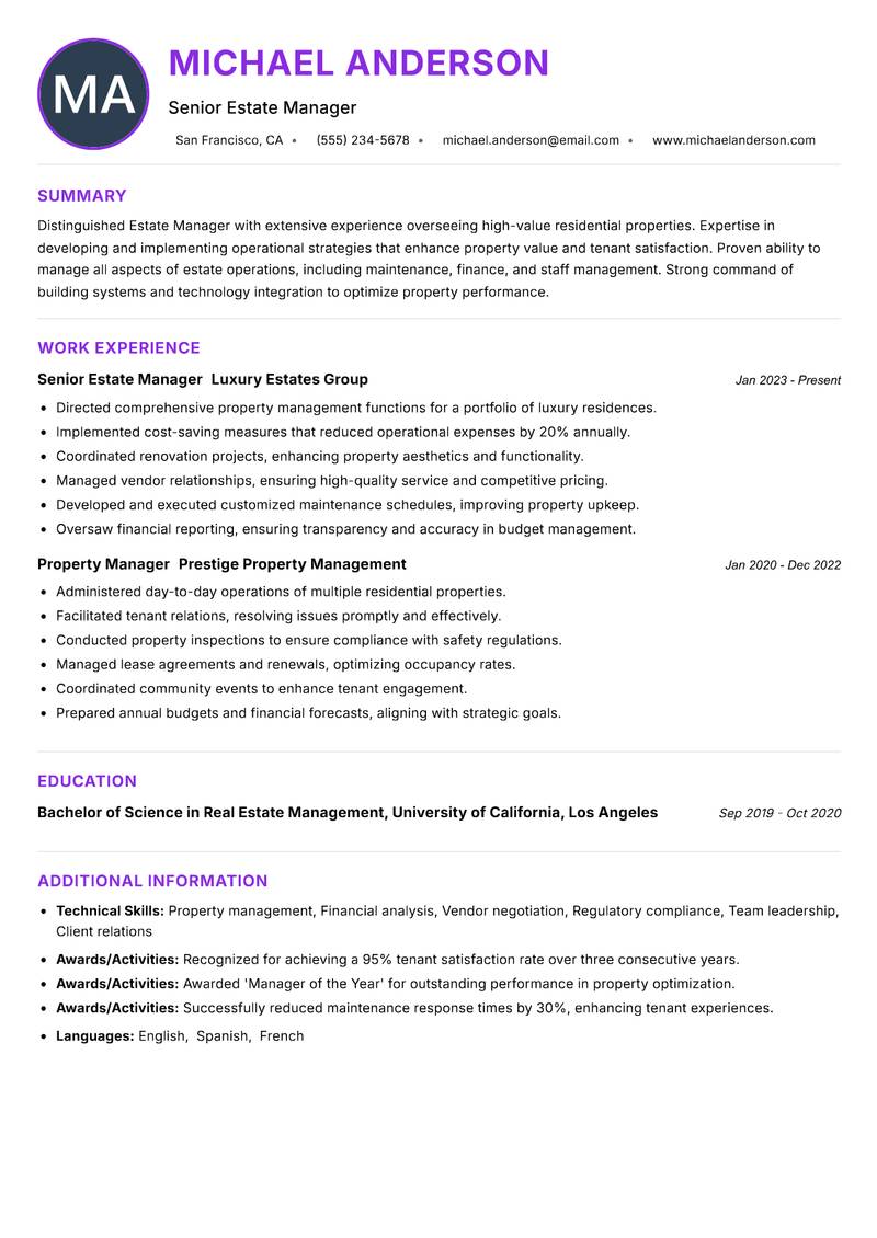 Estate Manager Residential resume example — ATS-friendly template