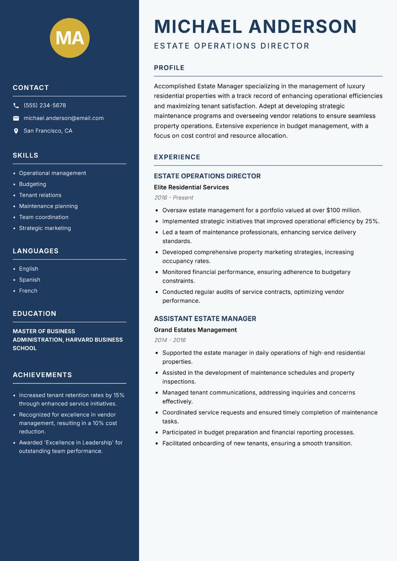 Estate Manager Residential resume template — Classic Clean