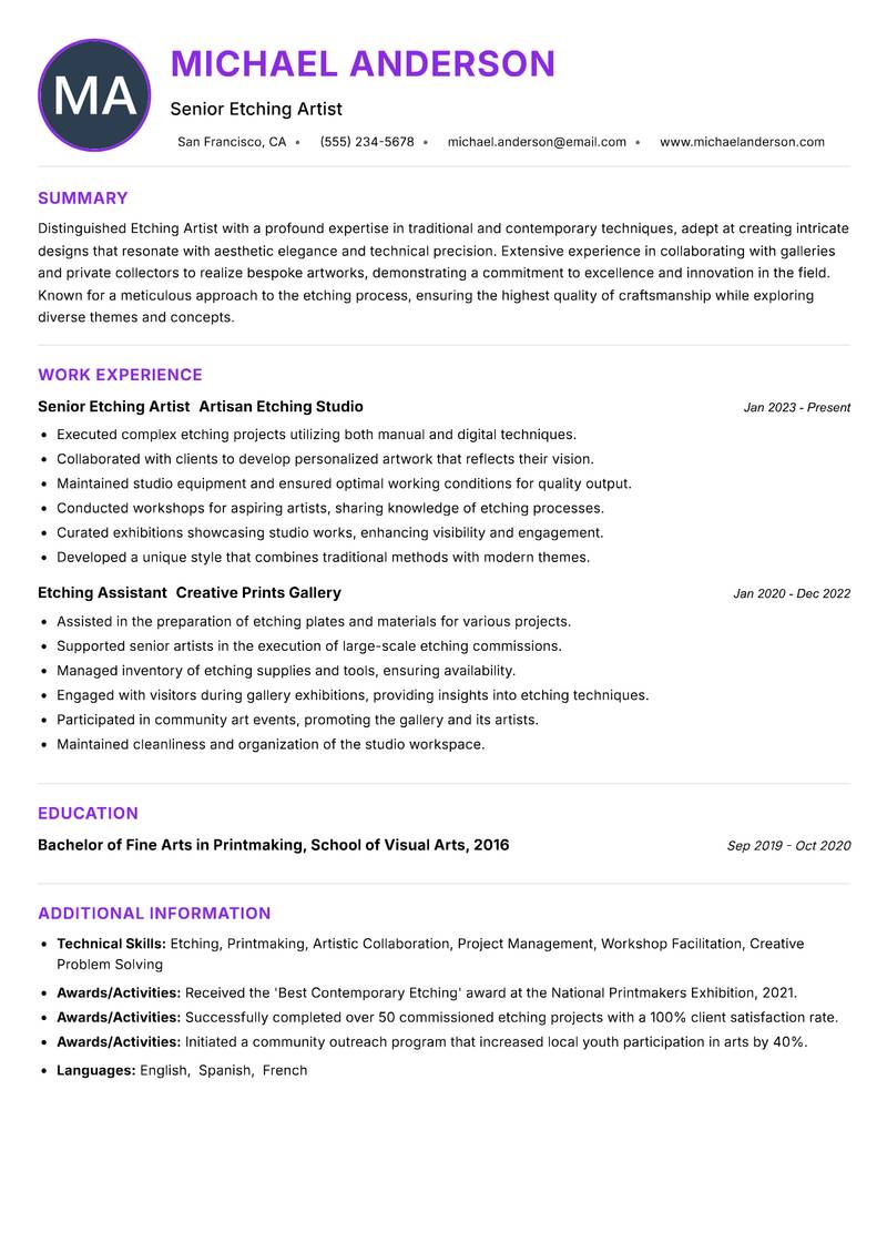 Etching Artist resume example — ATS-friendly template