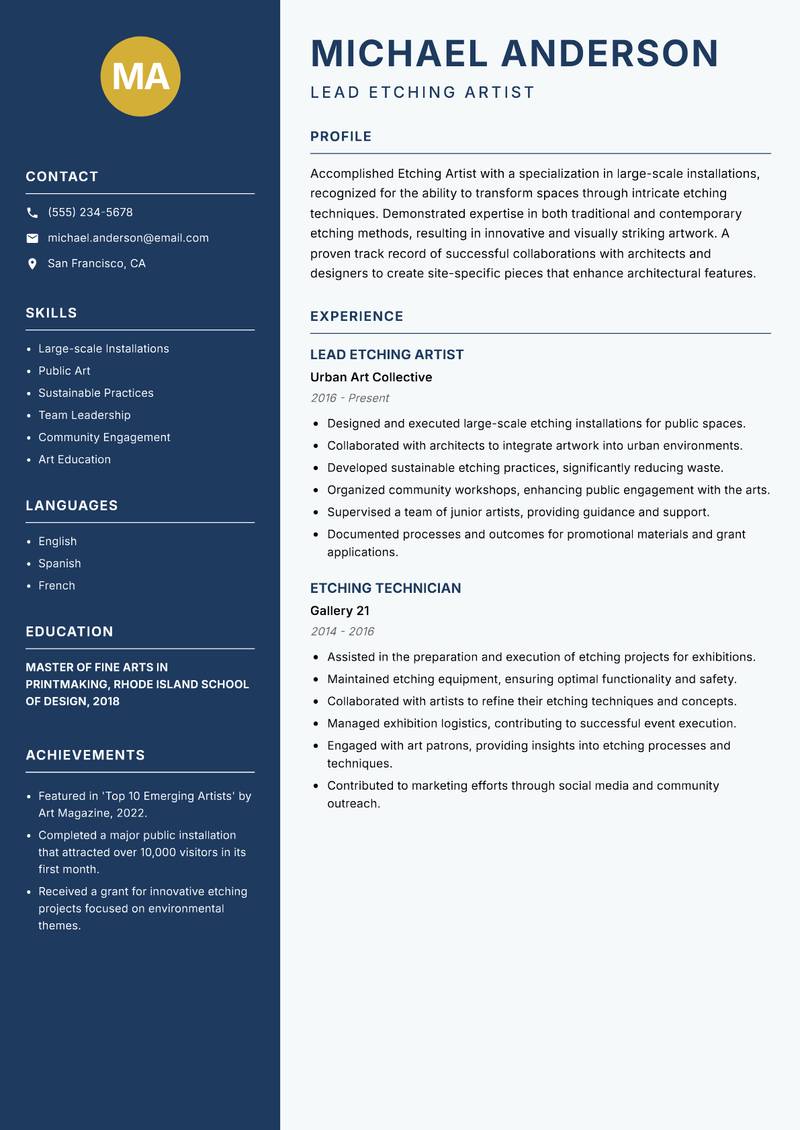Etching Artist resume template — Classic Clean