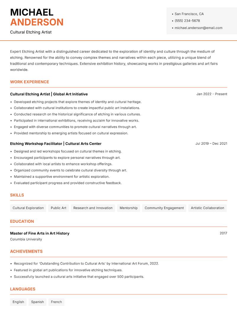 Etching Artist resume template — Modern Professional