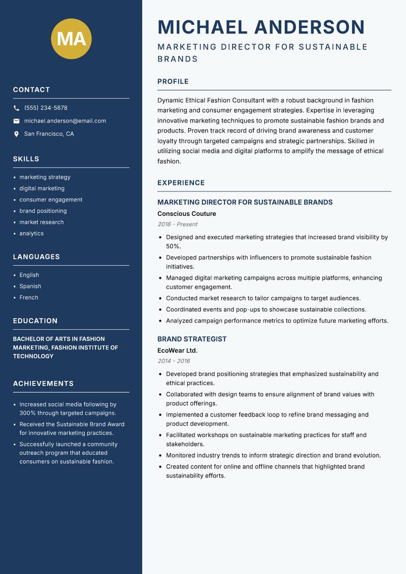 Ethical Fashion Consultant resume template — Classic Clean