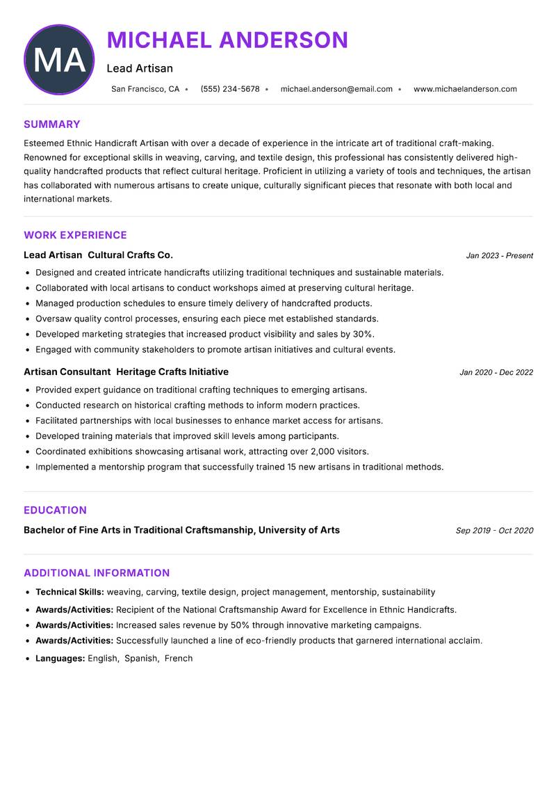 Ethnic Handicraft Artisan resume example — ATS-friendly template