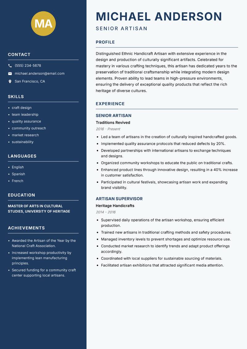 Ethnic Handicraft Artisan resume template — Classic Clean