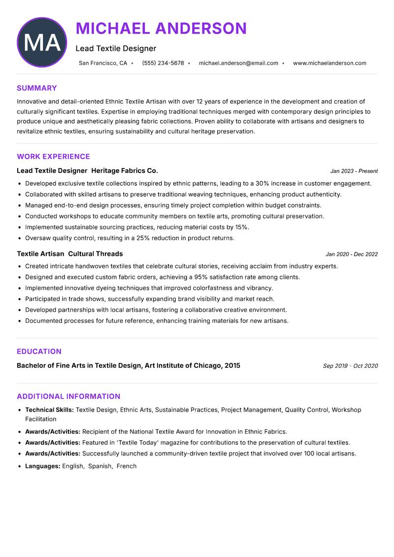 Ethnic Textile Artisan resume example — ATS-friendly template