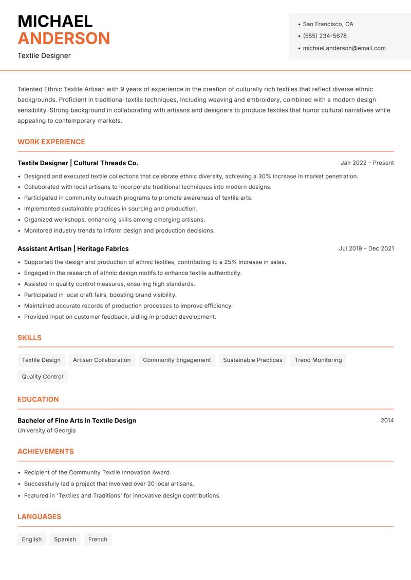 Ethnic Textile Artisan resume template — Modern Professional