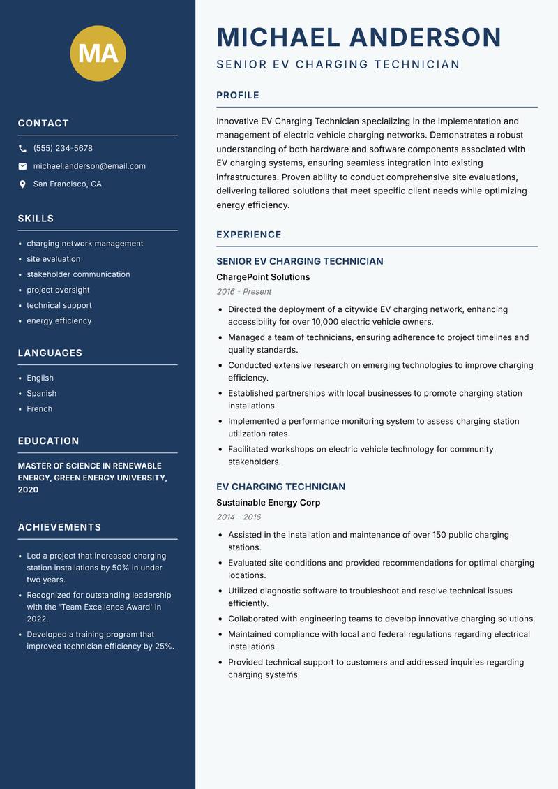 EV Charging Technician resume template — Classic Clean