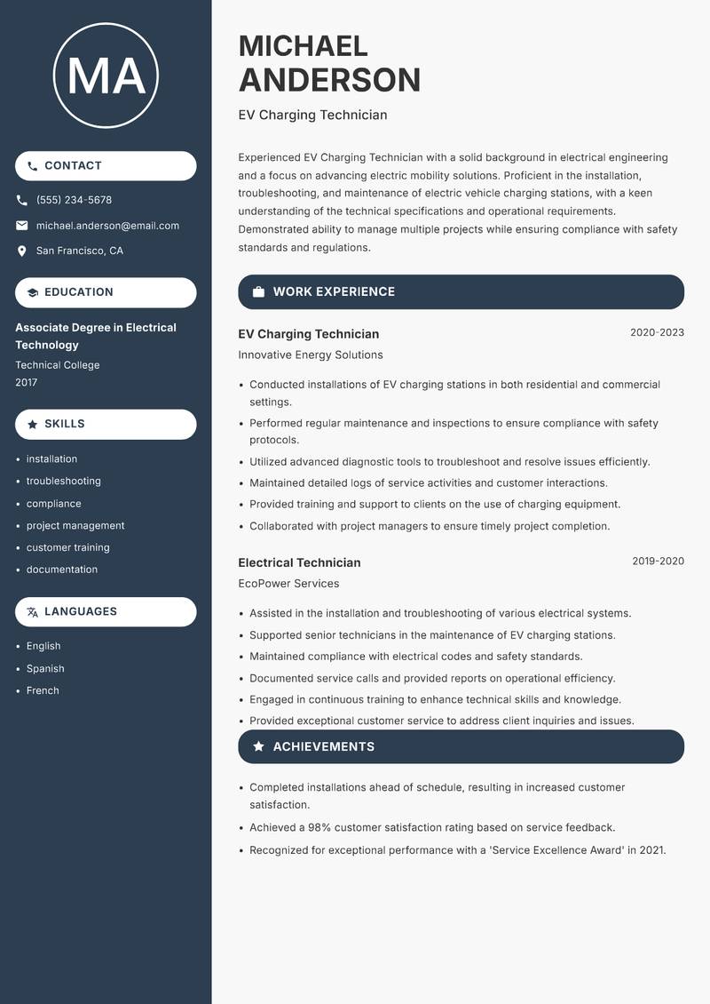EV Charging Technician resume template — Compact