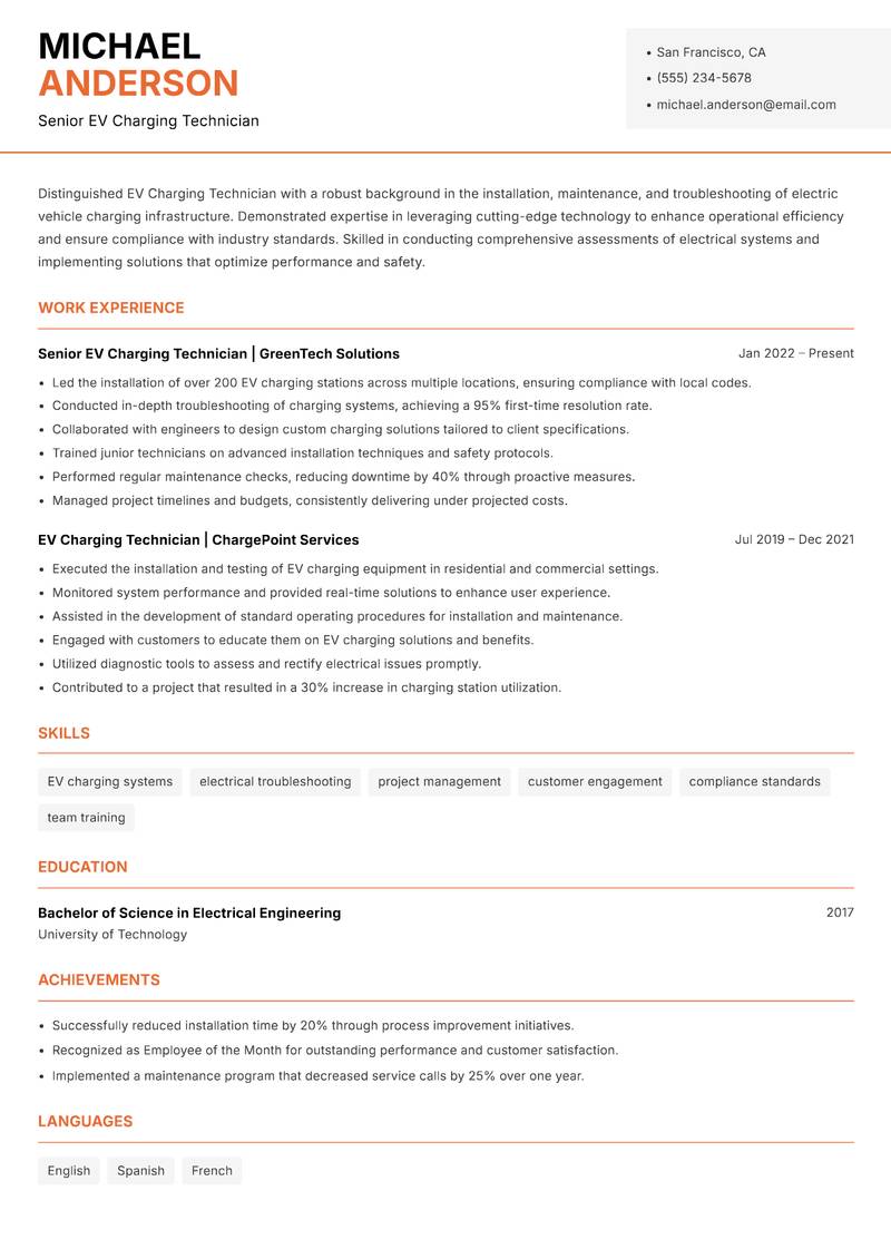 EV Charging Technician resume template — Modern Professional