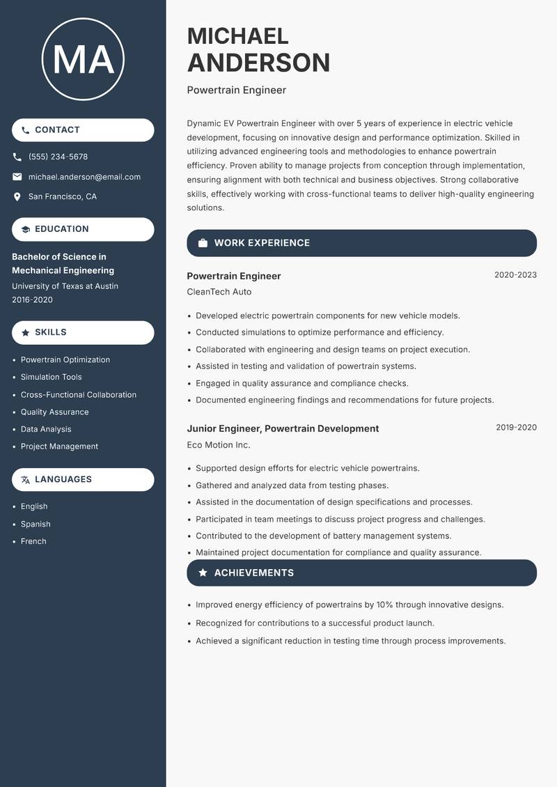 EV Powertrain Engineer resume template — Compact