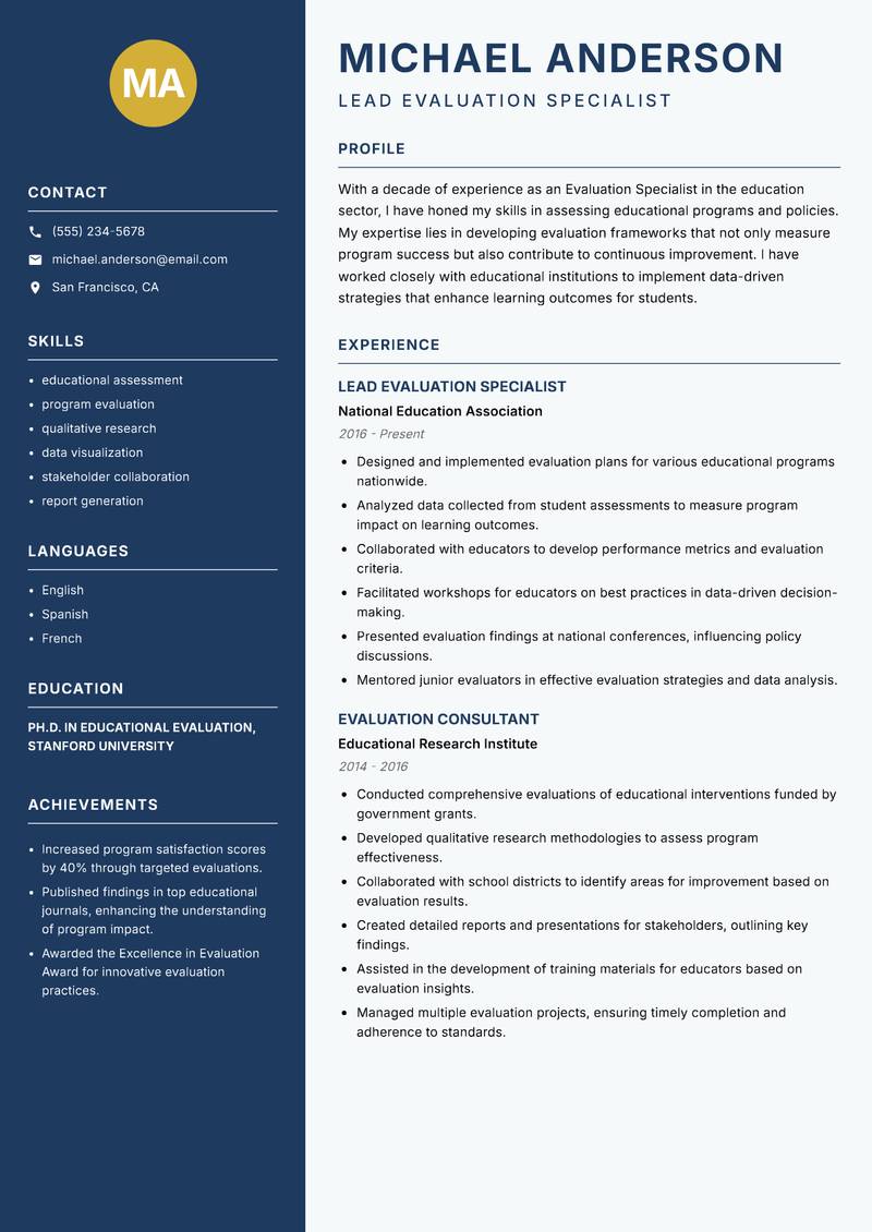 Evaluation Specialist resume template — Classic Clean
