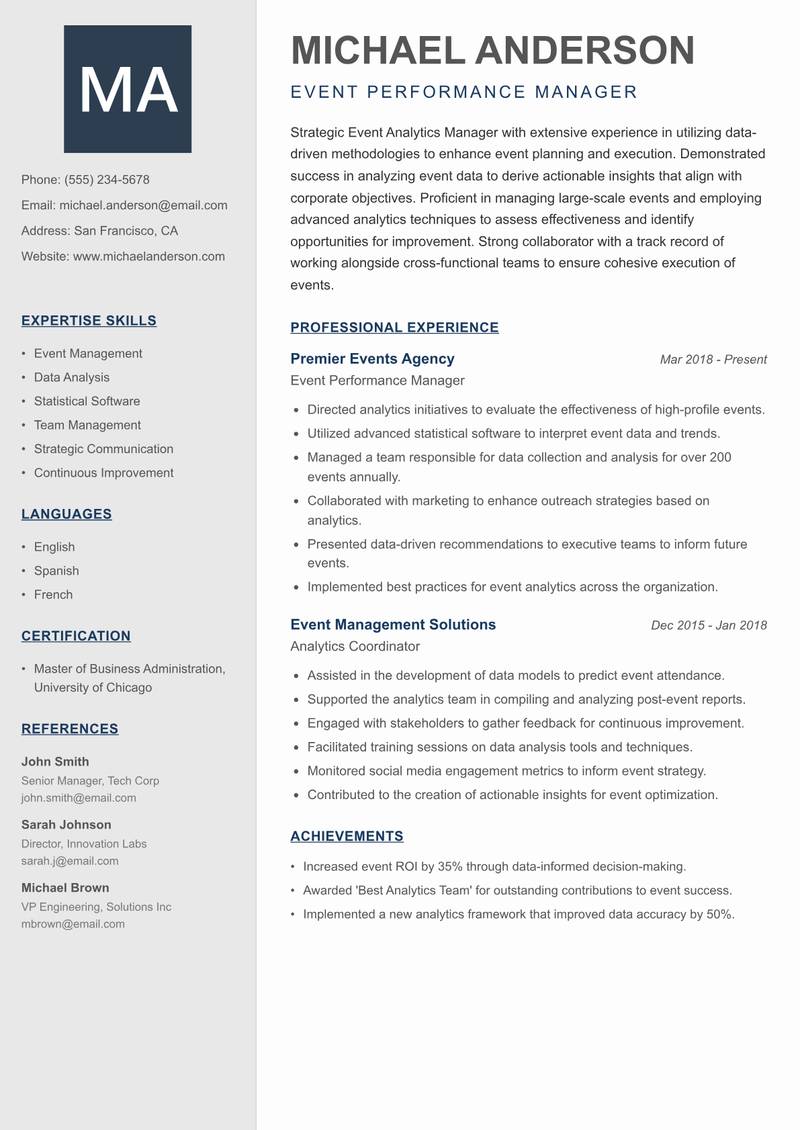 Event Analytics Manager resume template — Creative Minimal