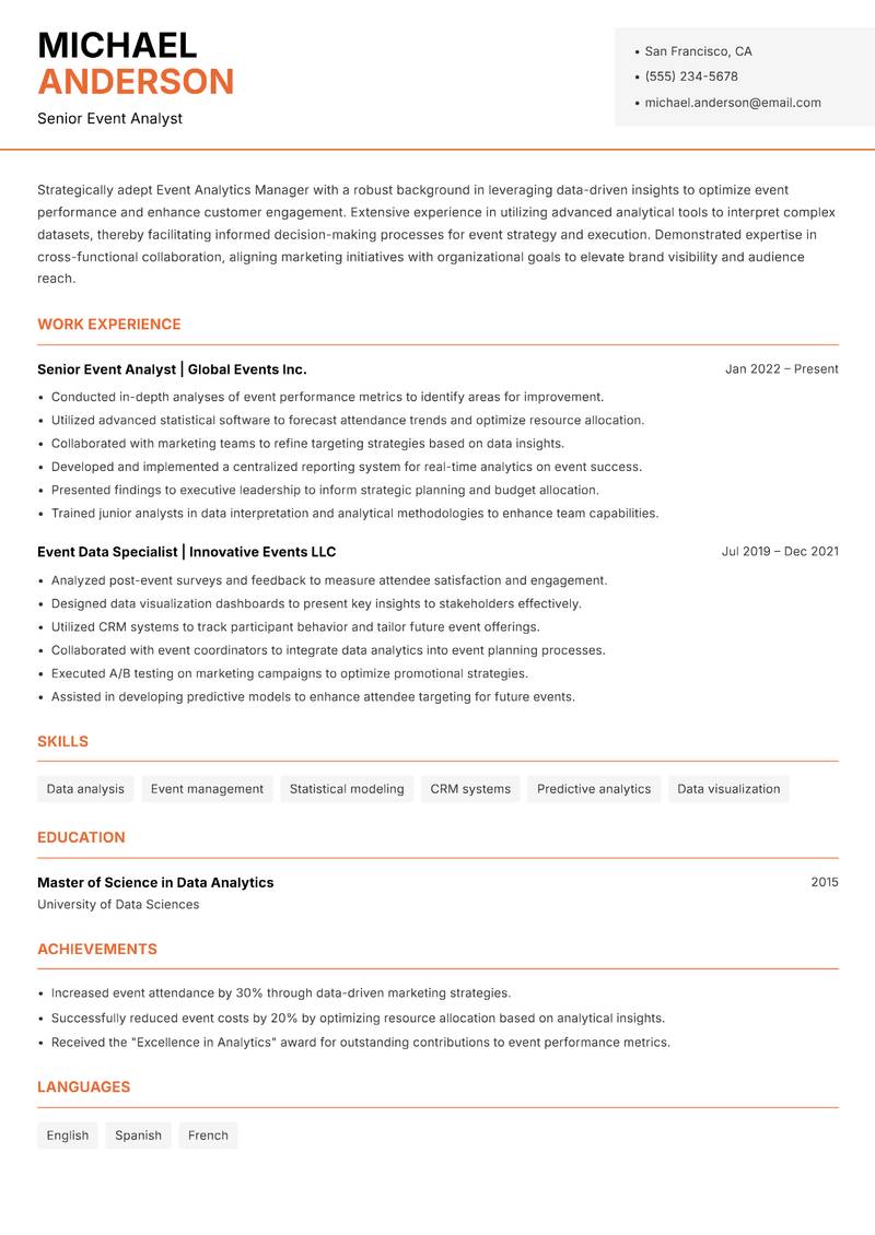 Event Analytics Manager resume template — Modern Professional