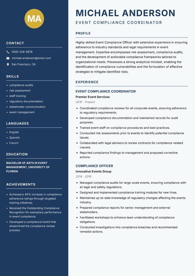 Event Compliance Officer resume template — Classic Clean