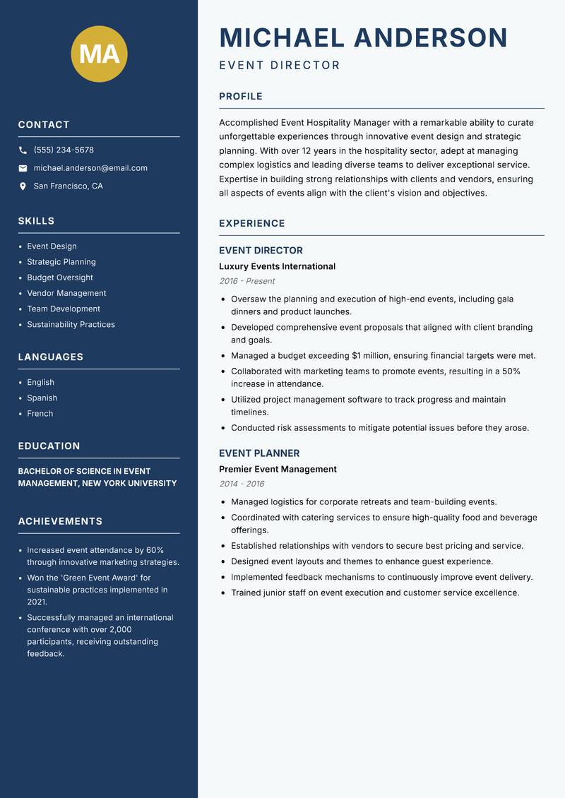 Event Hospitality Manager resume template — Classic Clean