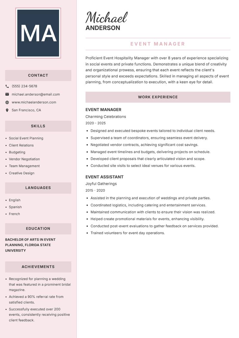 Event Hospitality Manager resume template — Executive