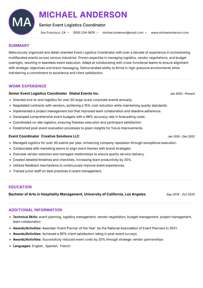 Event Logistics Coordinator resume example — ATS-friendly template