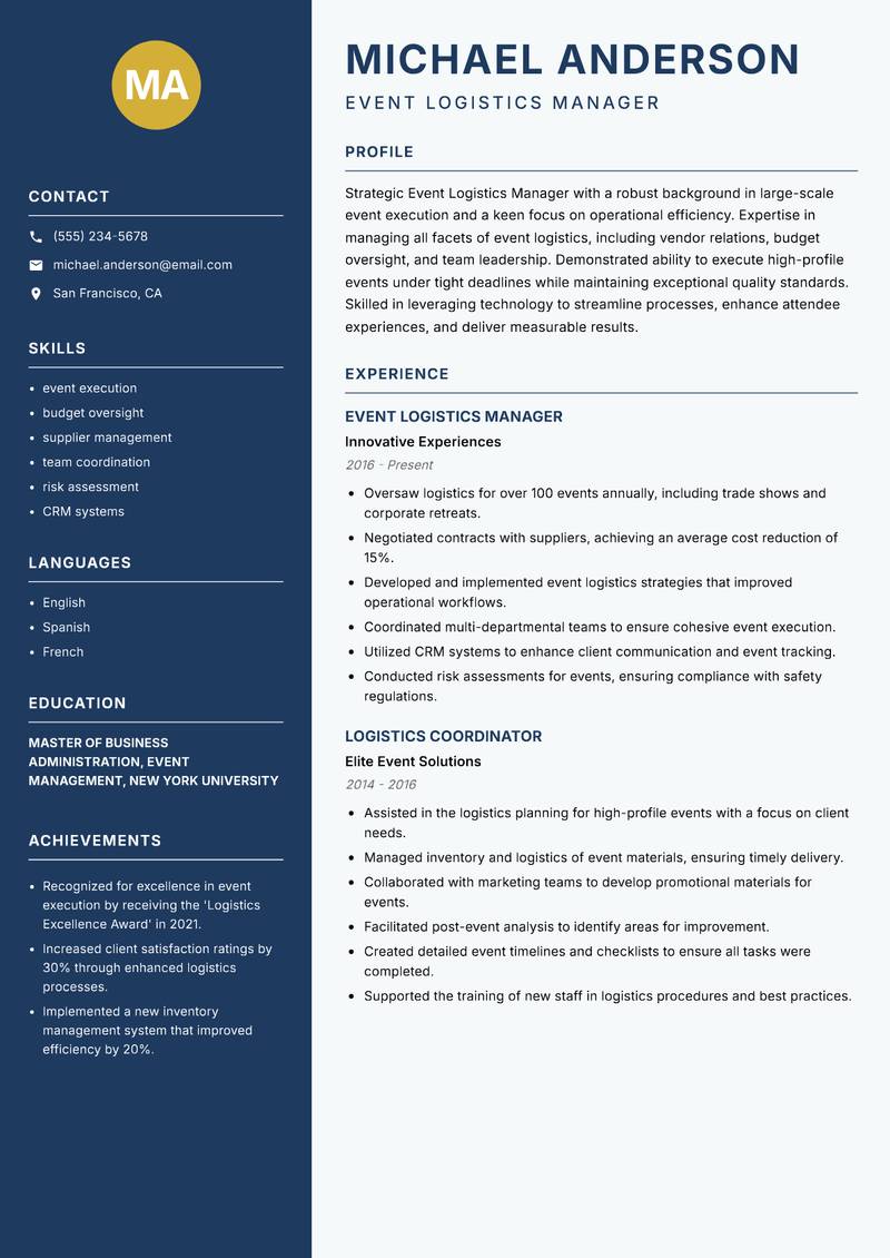 Event Logistics Manager resume template — Classic Clean