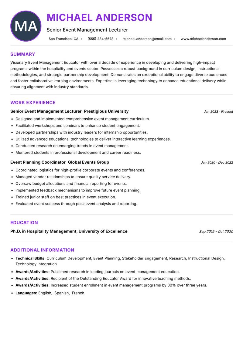 Event Management Educator resume example — ATS-friendly template