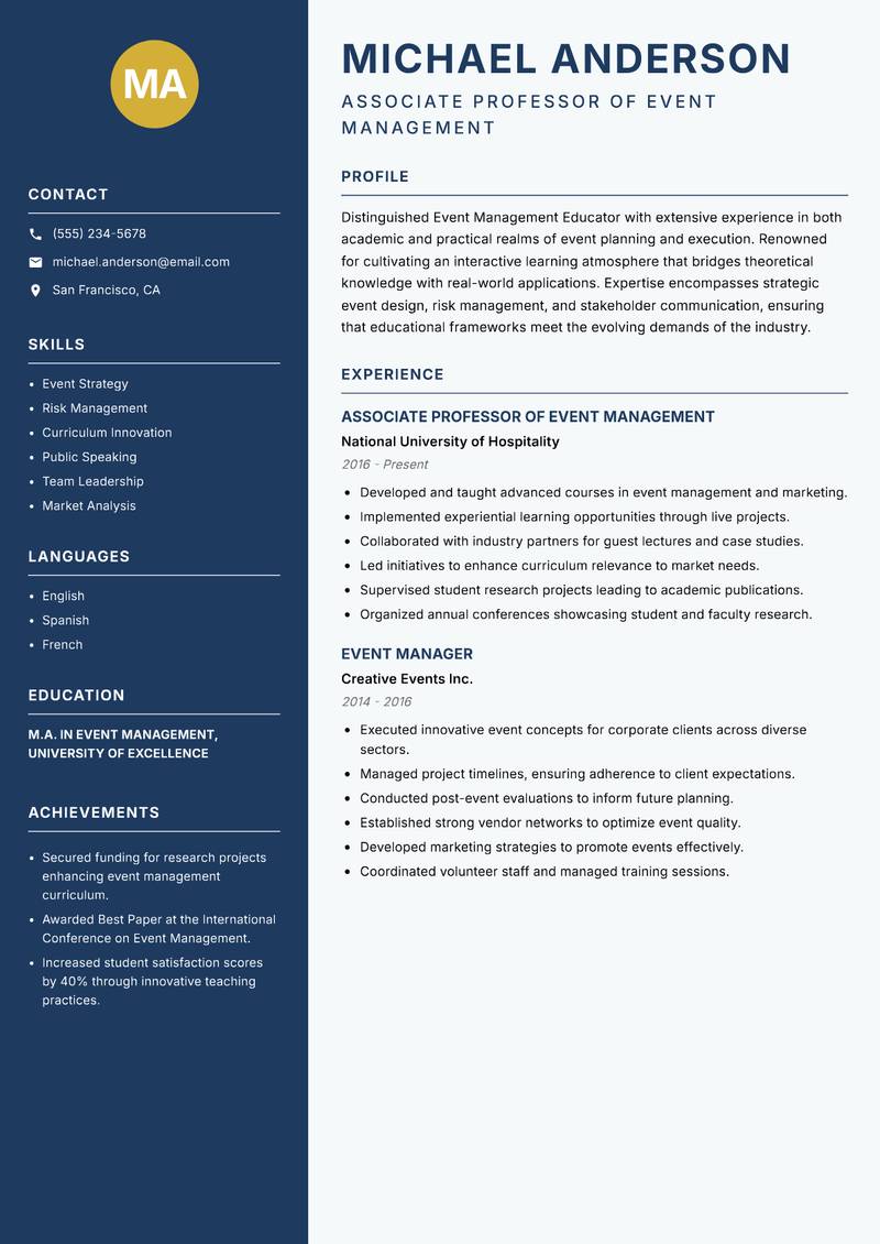 Event Management Educator resume template — Classic Clean