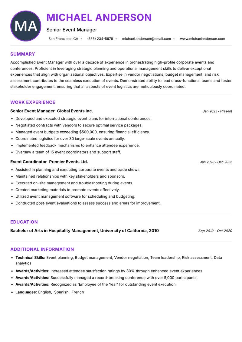 Event Manager resume example — ATS-friendly template