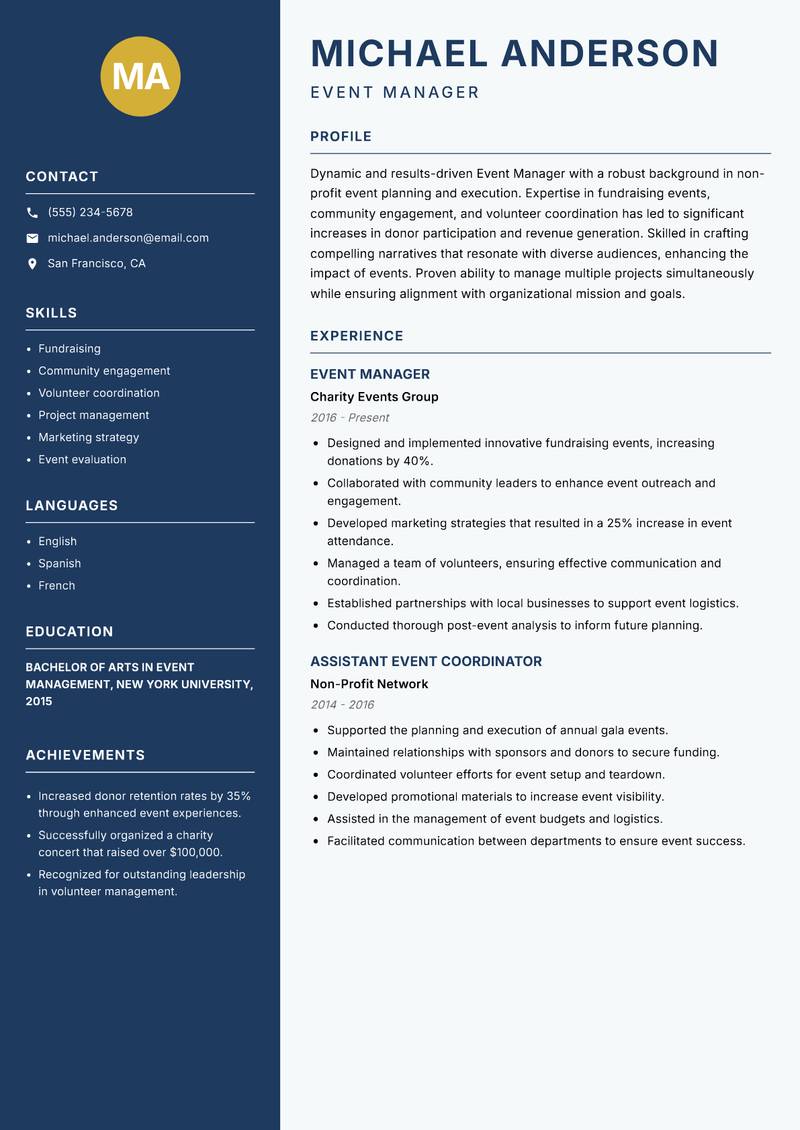 Event Manager resume template — Classic Clean