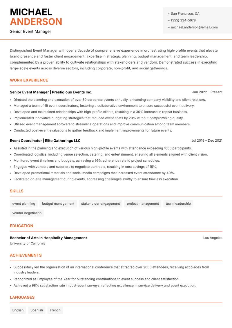 Event Manager resume template — Modern Professional