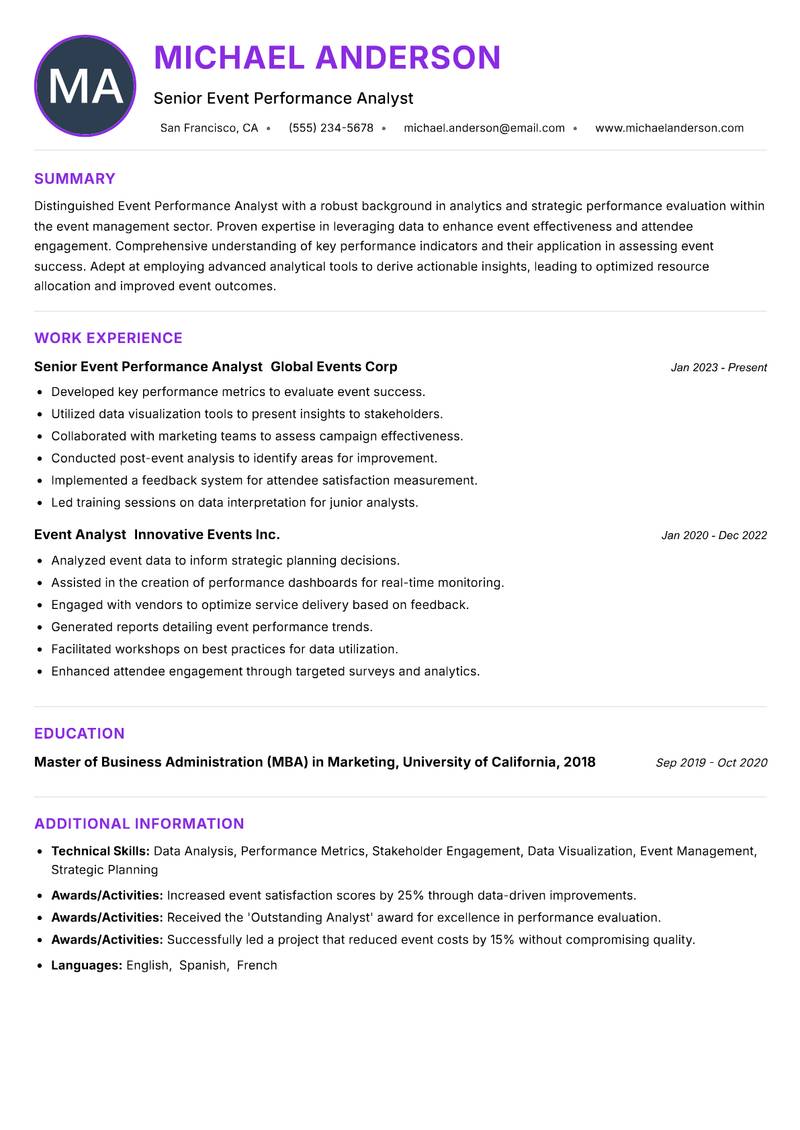 Event Performance Analyst resume example — ATS-friendly template