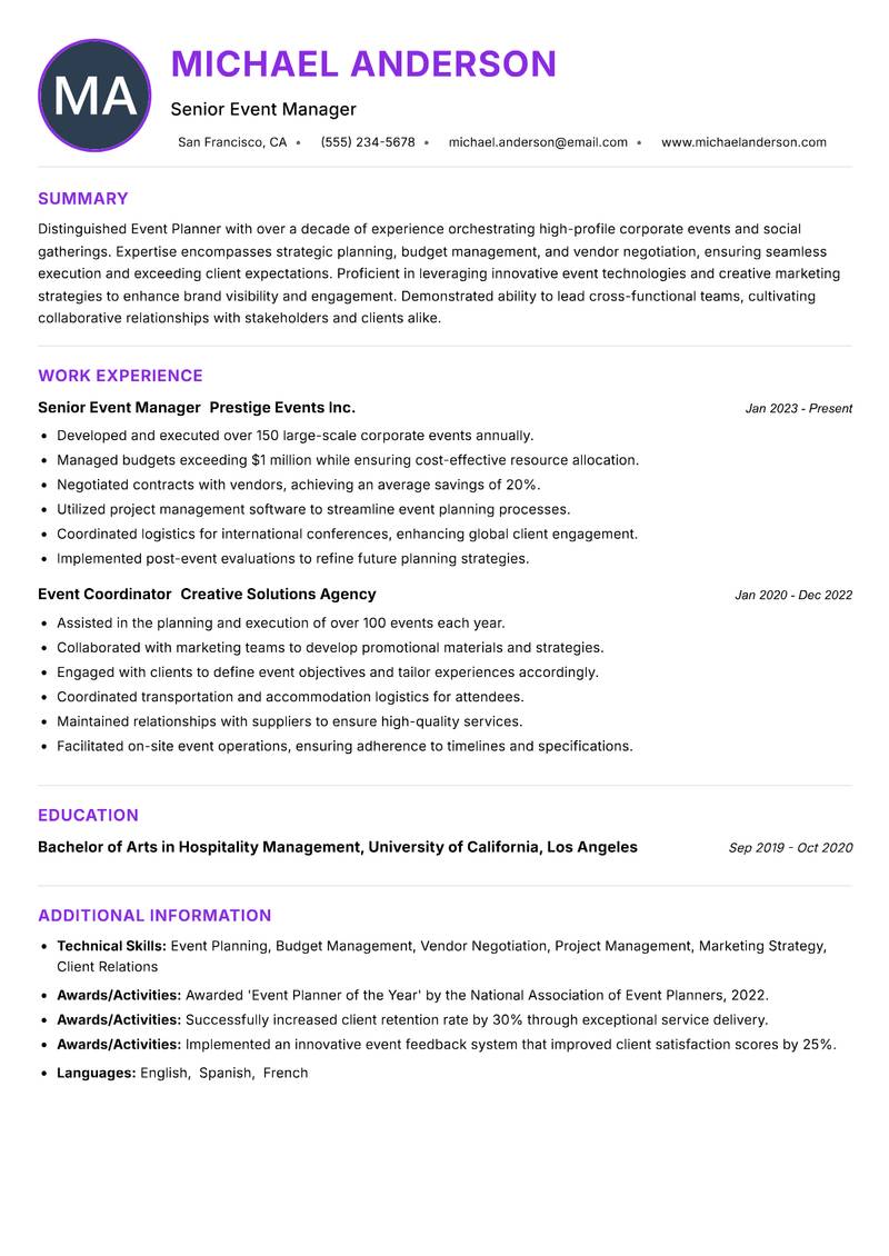 Event Planner resume example — ATS-friendly template