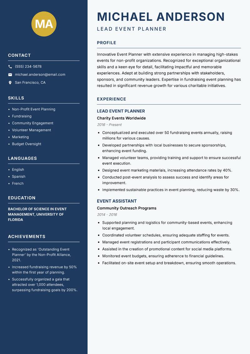 Event Planner resume template — Classic Clean